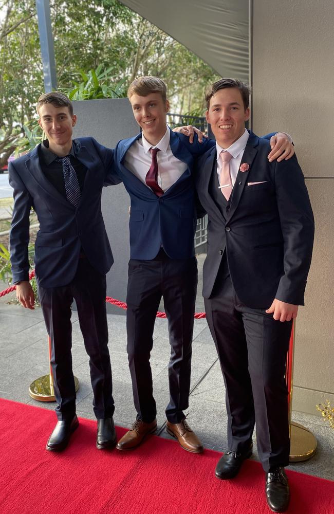 Shannon Gibson, Lee Williams and Adam Tullet at the 2022 Beerwah State High formal.