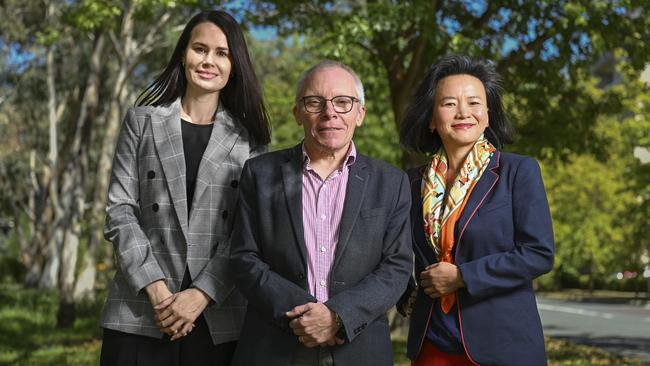 Kylie Moore-Gilbert, left, Sean Turnell and Cheng Lei in Canberra. Picture: NewsWire / Martin Ollman