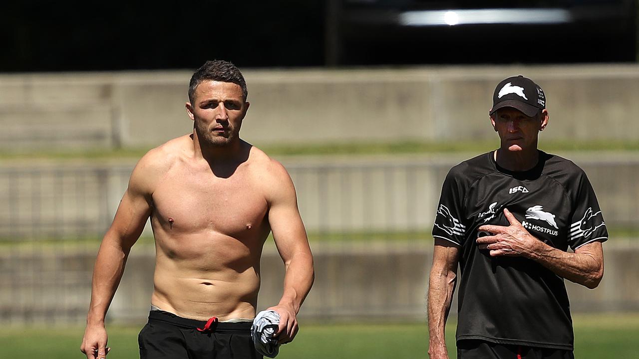 Sam Burgess with coach Wayne Bennett last week at Souths Sydney Rabbitohs training. Picture. Phil Hillyard