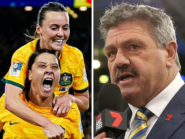 Matildas players Sam Kerr and Hayley Raso and Channel 7's Brian Taylor