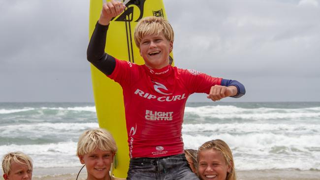 Gold Coast surfer Marlon Harrison celebrates his GromSearch crown. Picture: SURFING QUEENSLAND