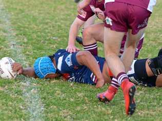 TRYTIME: Centre Joe Fuimaono stretches out to score the winning try for Cowboys A grade against Dalby. Picture: Gerard Walsh