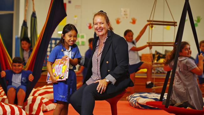 Kerry Weston, Principal at Guilford West Public School with Year 1 student Annabelle Ly. Picture: Sam Ruttyn.