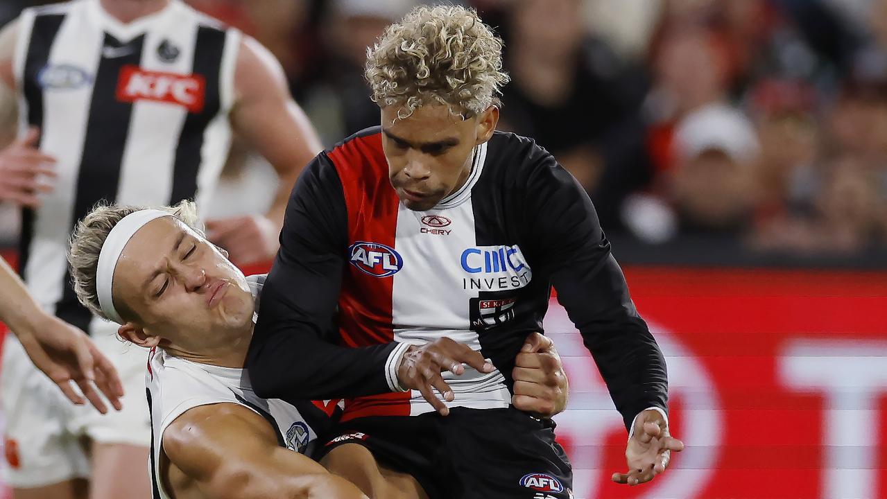 Gun Fremantle recruit Liam Henry was heavily influential in St Kilda’s win over Collingwood but suffered a high grade hamstring strain in the final quarter. Picture: Michael Klein