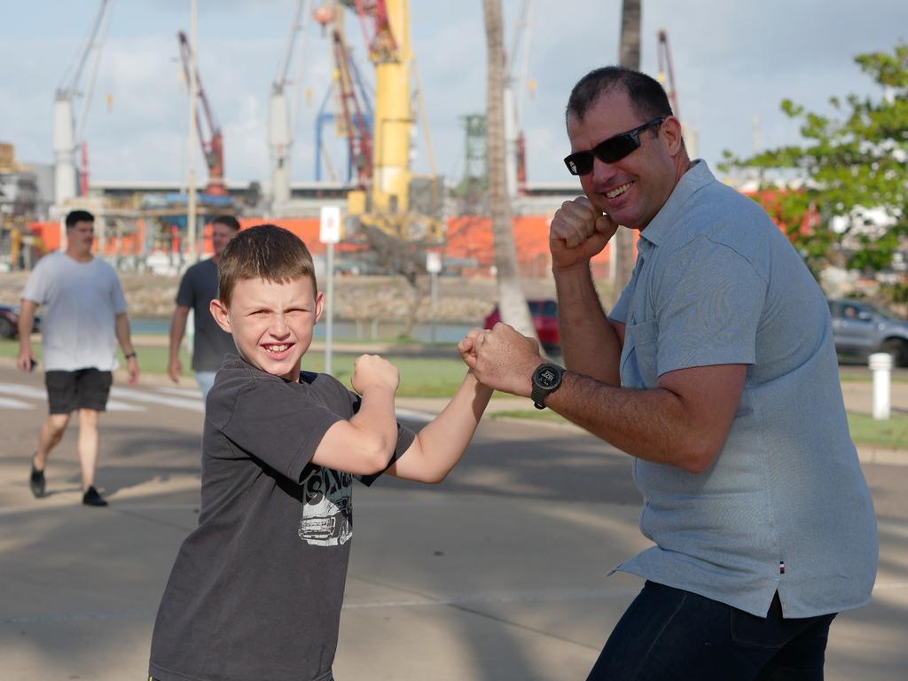 Harrison, 9, and Leith Jurgens before the Battle on the Reef boxing at Townsville Entertainment and Convention Centre on October 8. Picture: Blair Jackson