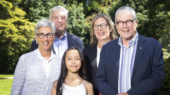 Her Excellency the Honourable Linda Dessau AC, Governor of Victoria, The Hon. Rob Knowles AO RCH Board, GFA Chairman Penny Fowler and the Governor's husband Mr Anthony Howard QC with former RCH patient Akeira Somphanpanya, 11. Picture: Sarah Matray