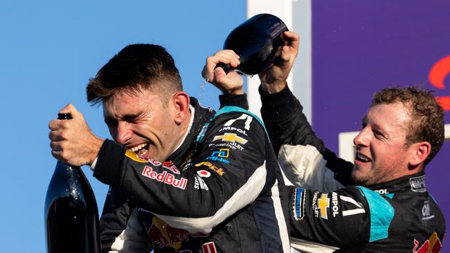 Broc Feeney and his title-leading teammate Will Brown on the podium at Albert Park. (Photo by Daniel Kalisz/Getty Images)