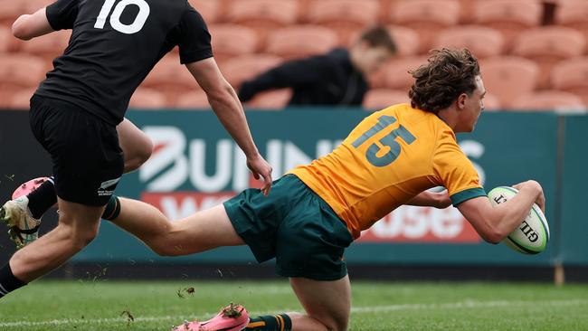 Rex Bassingthwaighte one of the try scorers for Australia against New Zealand Schools at FMG Stadium Waikato. Pictures: Fiona Goodall/Getty Images for Rugby Australia