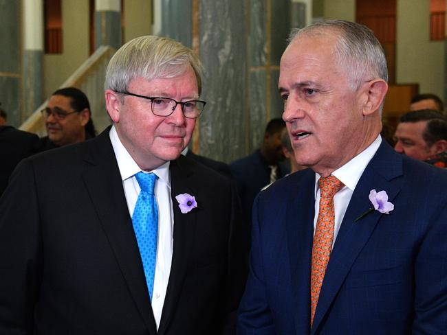 Former PMs Kevin Rudd and Malcolm Turnbull. Picture: AAP