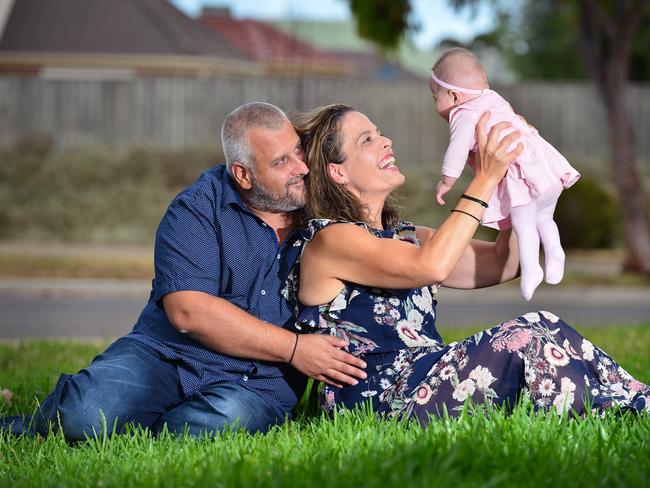 Francine and Jim, with 10-month-old daughter Mia, are part of a team taking part in Run for the Kids to support the Royal Children’s Hospital NICU Butterfuly Ward. Picture: Nicki Connolly