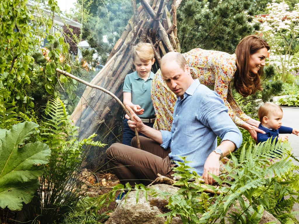 Wills and Kate with George and Louis in the Chelsea Flower Show garden designed by Kate. Picture: Matt Porteous/Kensington Palace via Getty Images