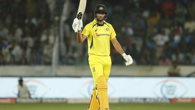 Tim David of Australia celebrates after scoring a fifty during game three of the T20 International series between India and Australia. Photo: Getty Images