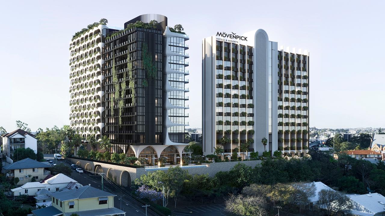 An artist’s impression of Keylin’s Spring Hill site in Brisbane, which will house the developer’s residential tower, Oria, (left) and Accor's planned Mövenpick Hotel.