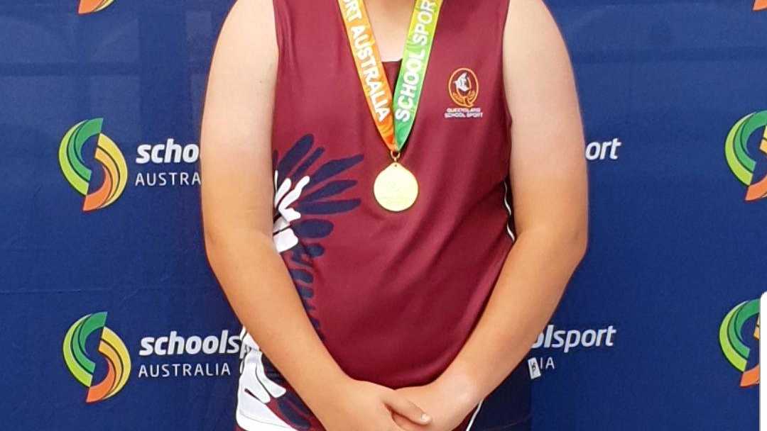 GOLD STAR: Jack Smith celebrates his national shot put victory. Smith threw 15.62m at the All Schools Championships beating his nearest rival by more 1m. Picture: Contributed