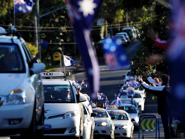 Veterans head off from the RSL ANZAC Village, Narrabeen to the city in a convoy of Manly Cabs for the Anzac Day Parade.