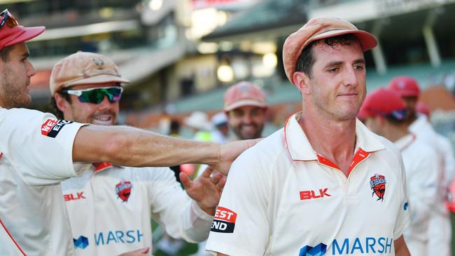 Daniel Worrall leaves Adelaide Oval after bowling South Australia to victory over Western Australia. Picture: AAP Image/David Mariuz