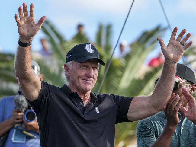 DORAL, FL - OCTOBER 30: Greg Norman, CEO and commissioner of LIV Golf, waves as being introduced to the crowd during the team championship stroke-play round of the LIV Golf Invitational - Miami at Trump National Doral Miami on October 30, 2022 in Doral, Florida.   Eric Espada/Getty Images/AFP