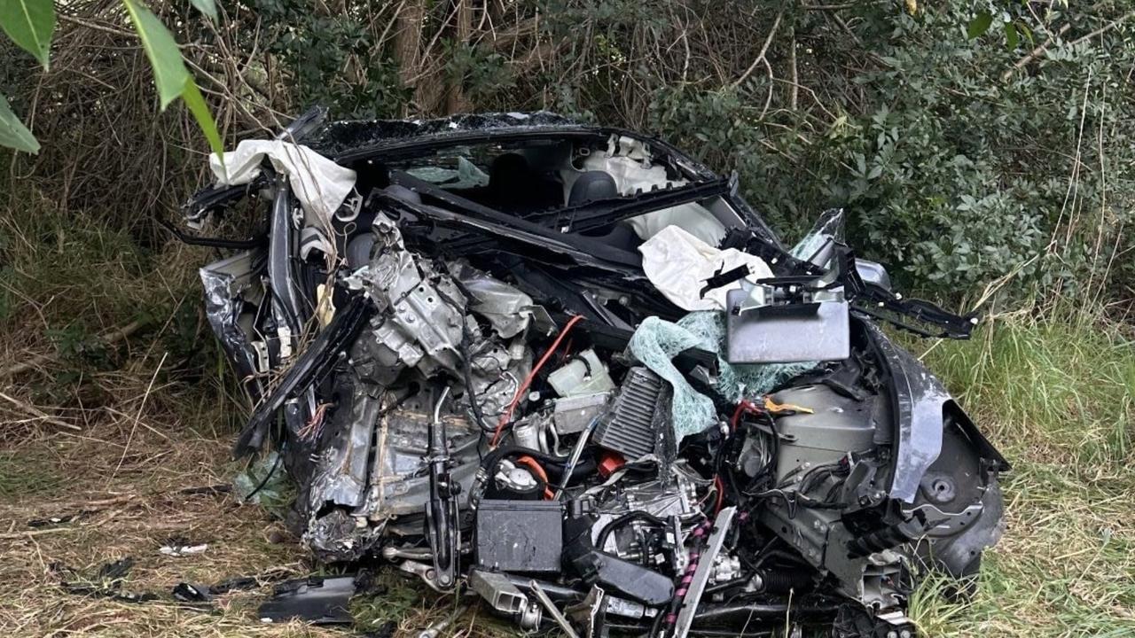 A woman who was driving a Tesla, pictured, was killed after her car and a Toyota HiLux crashed in a head-on, on the Sunshine Mwy in Coolum Beach on October 7. Picture: Contributed