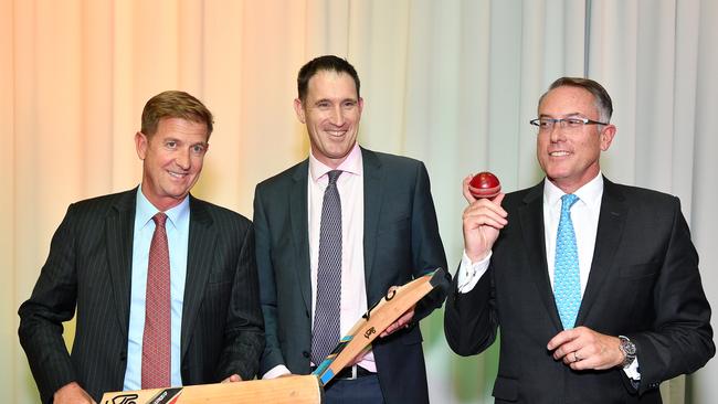 Seven West Media CEO Tim Worner, Cricket Australia CEO James Sutherland and Fox Sports CEO Patrick Delaney. Picture: AAP