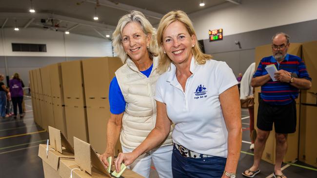 Angie Bell LNP - the incumbent candidate for Moncrieff - voting with her partner Ros Franklin at Nerang State High School. Picture: Nigel Hallett