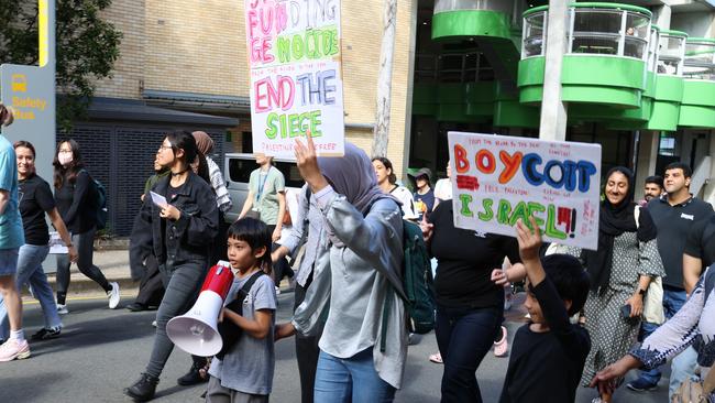 Pro-Palestinian student activists on Monday at the University of Queensland have called for the immediate closure of the on-campus Boeing-led Research Center and demanded the administration cut ties with Israel. Picture: Mackenzie Scott