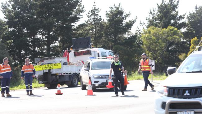 Police closed the road at the scene of a fatal motorcycle crash on the Portarlington Road near Moss Road, Leopold. Picture: Alan Barber