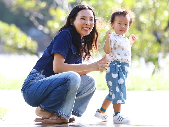 Dami Im who will perform in the upcoming musical Black Box, pictured with her son Harrison. Picture: Lachie Millard