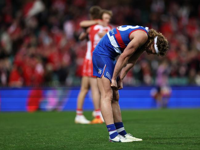 Aaron Naughton is dejected after the Bulldogs’ loss on Thursday night.