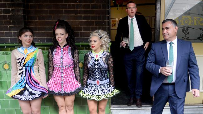 NSW Deputy Premier John Barilaro and Treasurer Dominic Perrottet enjoy St Patrick’s Day celebrations at The Mercantile Hotel in the Rocks, Sydney. Picture: Jeremy Piper