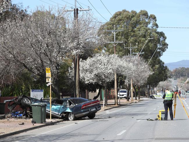 Major-crash investigators examine the scene on Torrens Road, Ridleyton, where a man died when his car hit a tree. Picture: Tait Schmaal