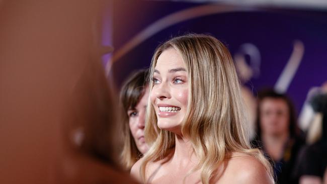 Gold Coast movie star and Hollywood bigshot Margot Robbie arrives on the Red Carpet at the 2024 Aacta Awards at HOTA on the Gold Coast. Picture: Glenn Campbell