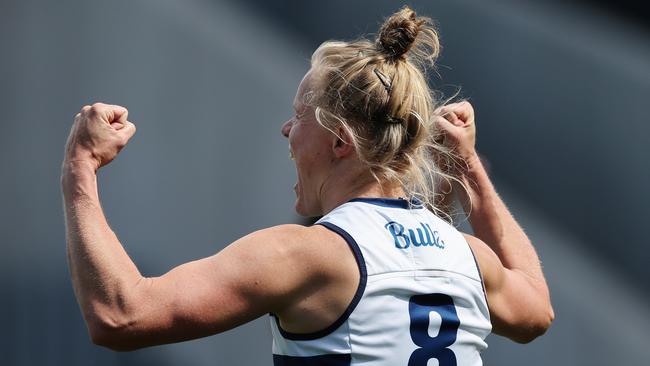 Kate Darby of the Cats celebrates a 2nd quarter goal. Pic: Michael Klein