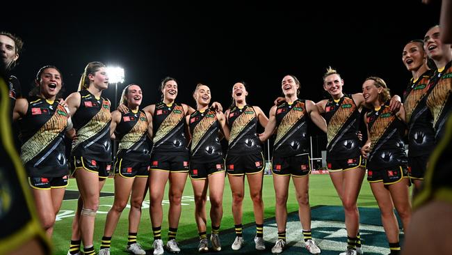 The Tigers sing the song after winning a thriller. Picture: Emily Barker/Getty Images