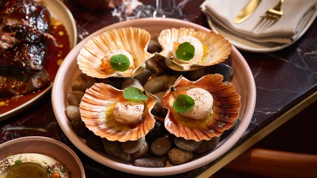 Half-shell scallops, tarama, sumac, salmon caviar at Babylon Brisbane