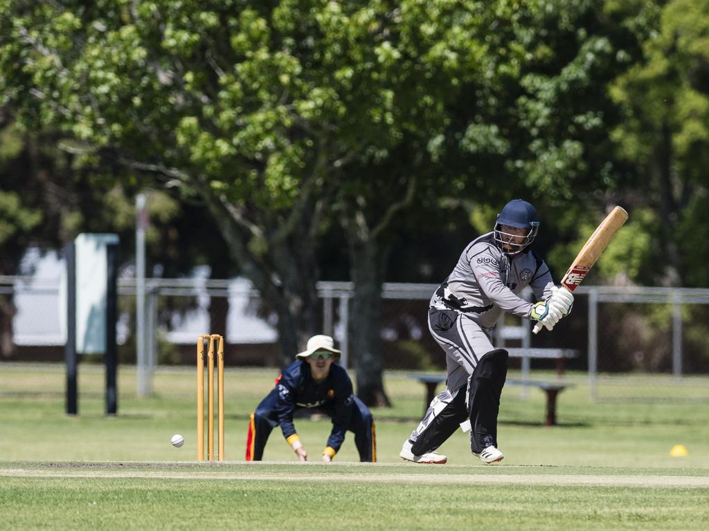 Kyle Leeson bats for Souths Magpies against Metropolitan-Easts in Toowoomba Cricket A Grade One Day grand final at Captain Cook Reserve, Sunday, December 10, 2023. Picture: Kevin Farmer