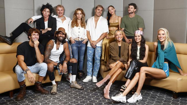 The cast of Byron Baes pictured at The Shang-Gri La Hotel in Sydney. From Left: Elias Black, Cai Fox Leplaw, Simba Khaira, Jade Kevin Foster, Hannah Brauer, Nathan Favro, Sarah Tangye, Saskia Wotton, Dave Frim, Jess Johansen Bell and Lauren Johansen Bell. Picture: Richard Dobson