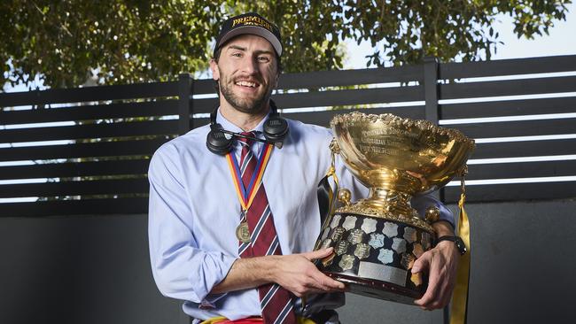 Retiring captain, Max Proud celebrating in Glengowrie, after his SANFL grand final win with Glenelg. Picture: Matt Loxton