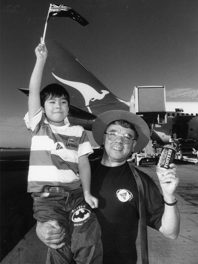 Winemaker Wolf Blass and his son Anton, five and a half, at Adelaide Airport on Australia Day, 26 Jan 1990.