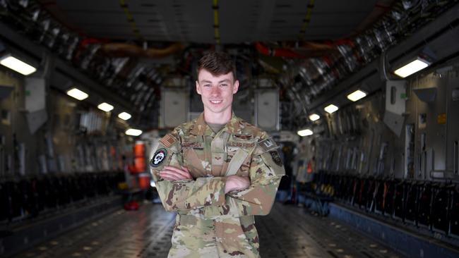 Exercise Mobility Guardian. Loadmaster Senior Airman Dmitry Kazantsev in the cargo bay of a C-17 Globemaster at RAAF Base Townsville. Picture: Evan Morgan