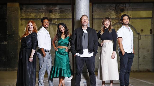 The cast from Foxtel drama The Twelve pictured at the Carriage Works. L to R: Bishanyia Vincent, Ngali Shaw, Pallavi Sharda, Brendan Cowell, Catherine Van-Davies and Damien Strouthos. Picture: Sam Ruttyn