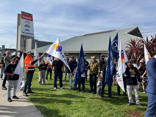 Members of the AMWU and other unions outside the Saputo Diary Australia Burnie factory. Picture: Simon McGuire.