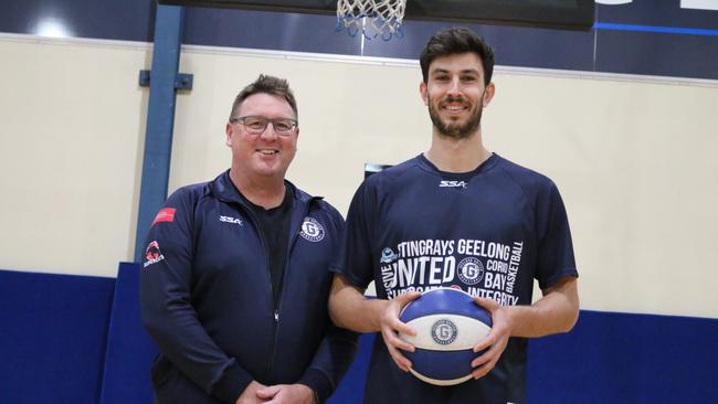 Geelong United Supercats recruit Matt McCarthy with head coach Grant Wallace. Photo: Geelong United Basketball