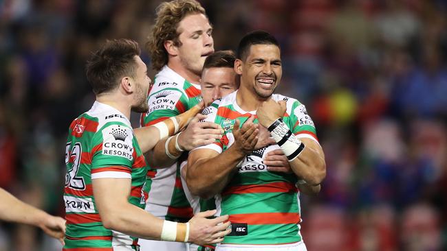 Cody Walker (right) celebrates after scoring a try. Picture: Brett Costello