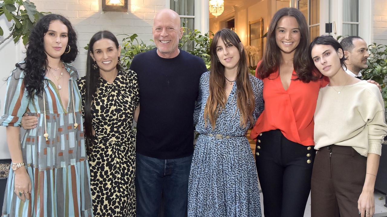 Bruce Willis, before his diagnosis with daughter Rumer Willis, ex-wife Demi Moore, daughter Scout Willis, wife Emma Heming Willis and Tallulah. Picture: Getty Images