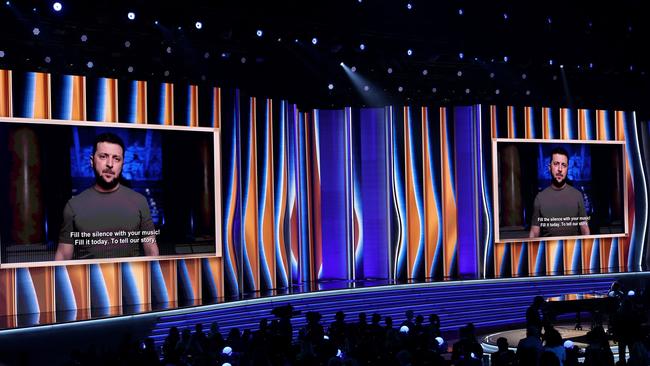 Ukrainian President Volodymyr Zelensky speaks on screen during the 64th Annual Grammy Awards. Picture: Getty Images