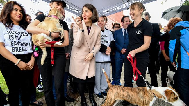 NSW Premier Gladys Berejiklian (centre) at the Sydney Dogs and Cats Home in Sydney, Wednesday, June 27, 2018. Picture: AAPBrendan EspositoARCHIVING