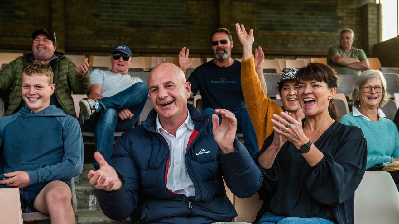 Tasmanian Premier, Peter Gutwein with wife Amanda cheering on their son Finn (No.1) playing for North Launceston at Launceston's NTCA Ground