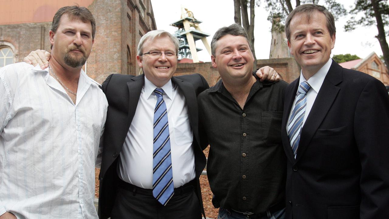 Todd Russell, Kevin Rudd, Brant Webb and Bill Shorten visit the Beaconsfield mine museum.