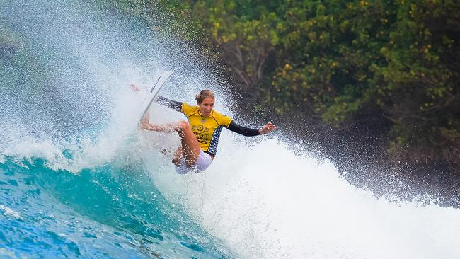 Stephanie Gilmore surfing at the Maui Pro in 2014.