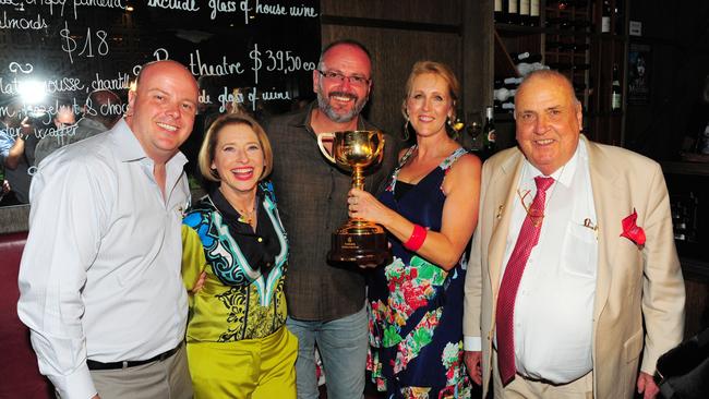 Luke Henderson, Gai Waterhouse, David Henderson, Rhonda Henderson and John Henderson with the Melbourne Cup at the Fiorente Melbourne Cup after party at The French Brasserie in 2013.